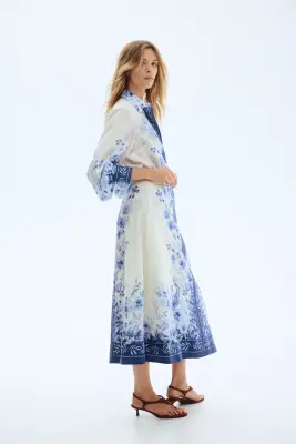 Jupe maxi en lin mélangé - Crème/bleu/fleuri — photo 1