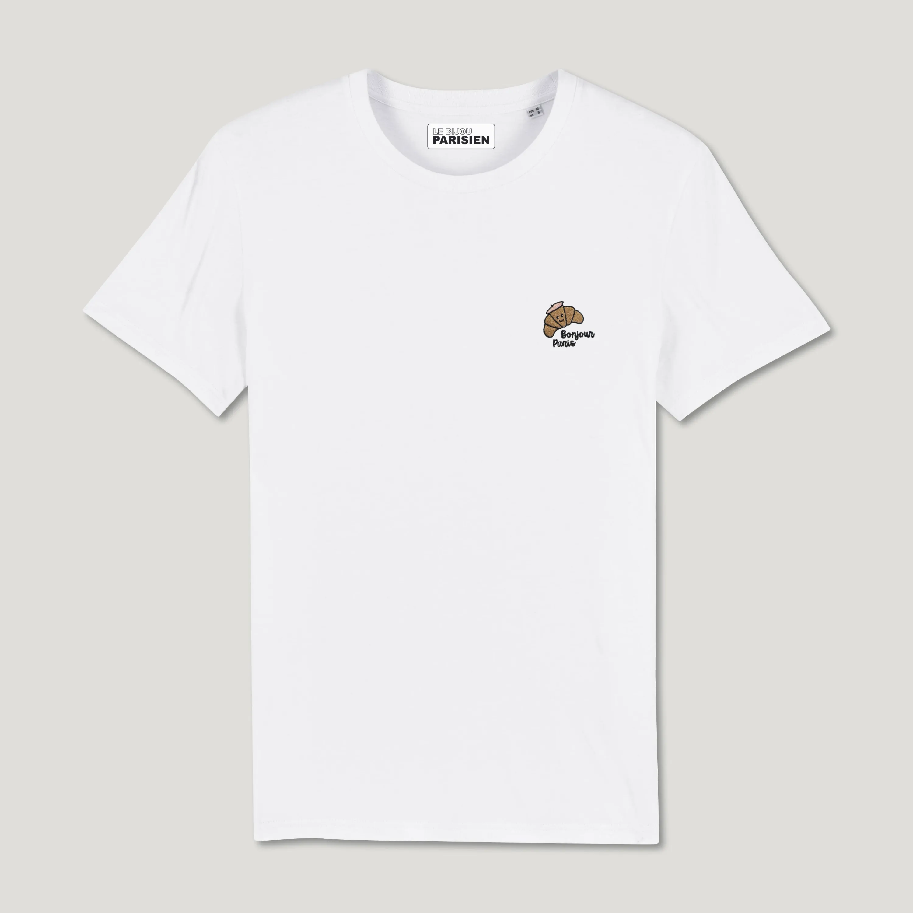 T-SHIRT COTON BIO BRODÉ – CROISSANT KAWAII - BONJOUR PARIS - BLANC