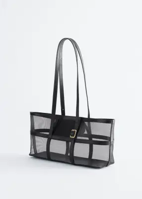 Sac cabas en mesh à bordures en cuir - Noir — photo 3