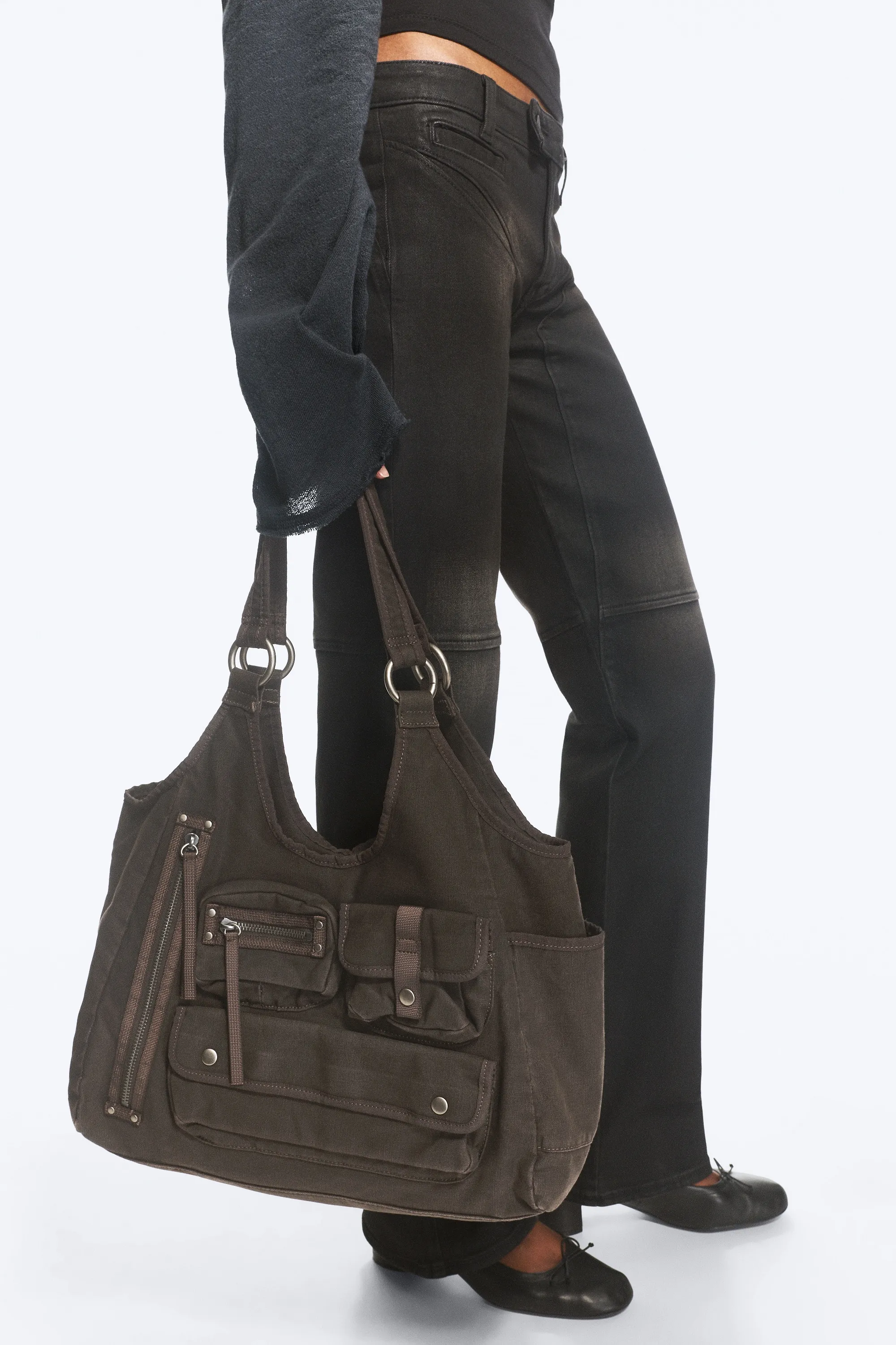 Grand sac à main en toile - Marron foncé délavé