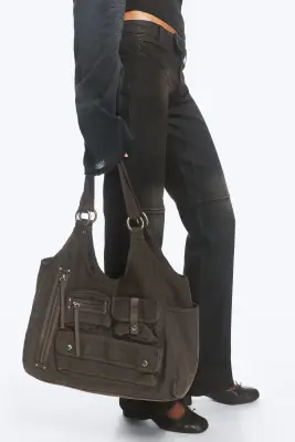 Grand sac à main en toile - Marron foncé délavé — photo 1