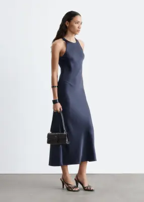 Robe midi en satin sans manches - Bleu foncé — photo 4