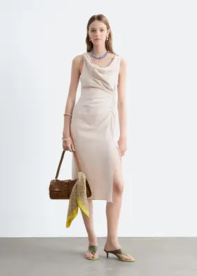 Robe midi en lin à bretelle torsadée - Marron Clair — photo 2