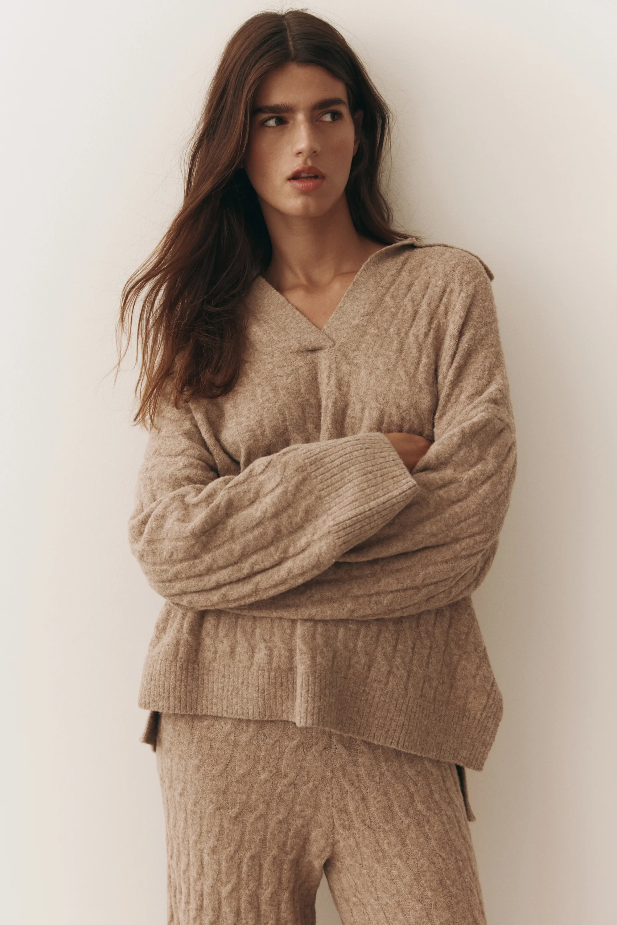 Pull façon polo en maille torsadée - Beige ancien