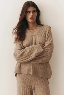 Pull façon polo en maille torsadée - Beige ancien — photo 1