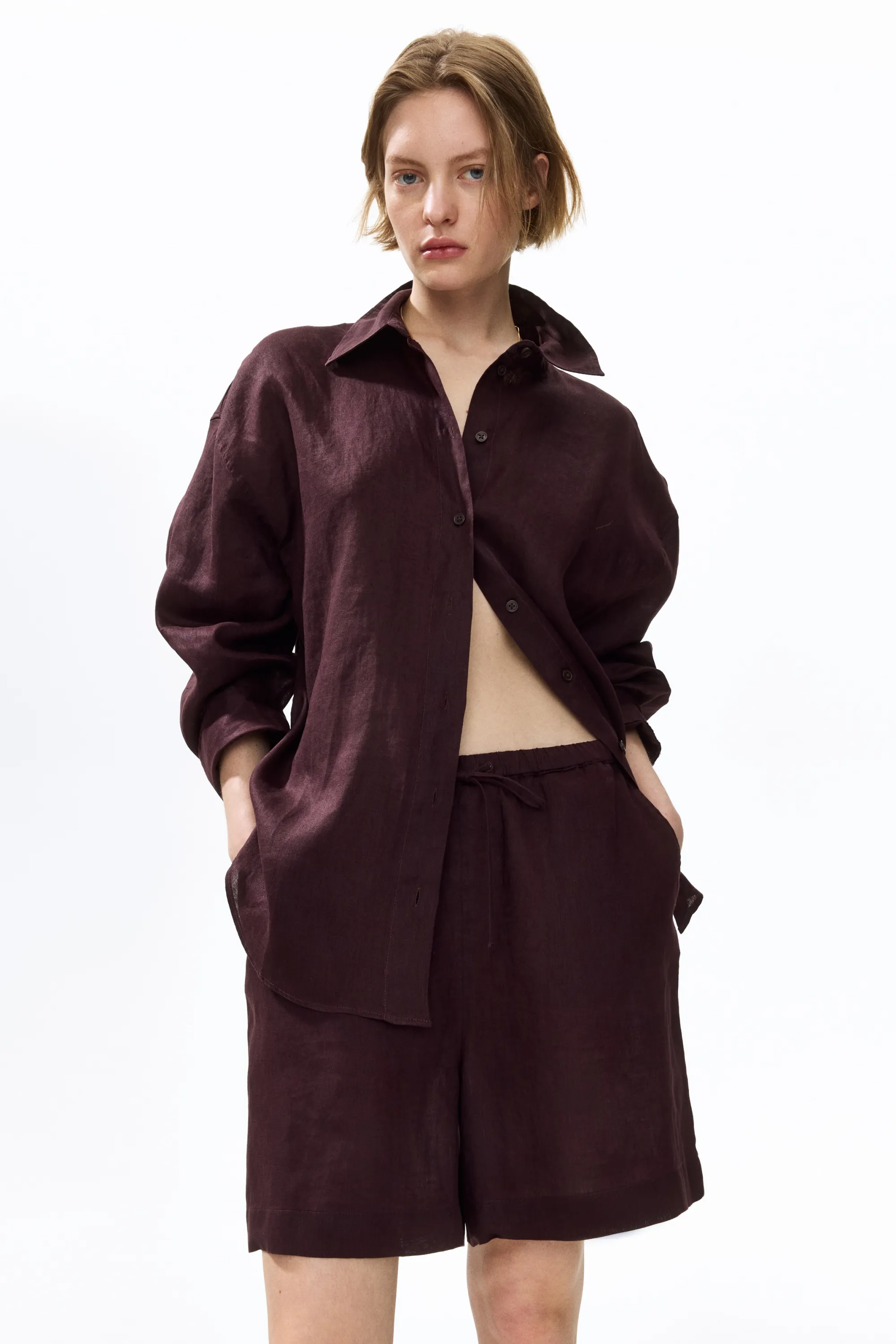 Chemise oversize en lin - Marron foncé