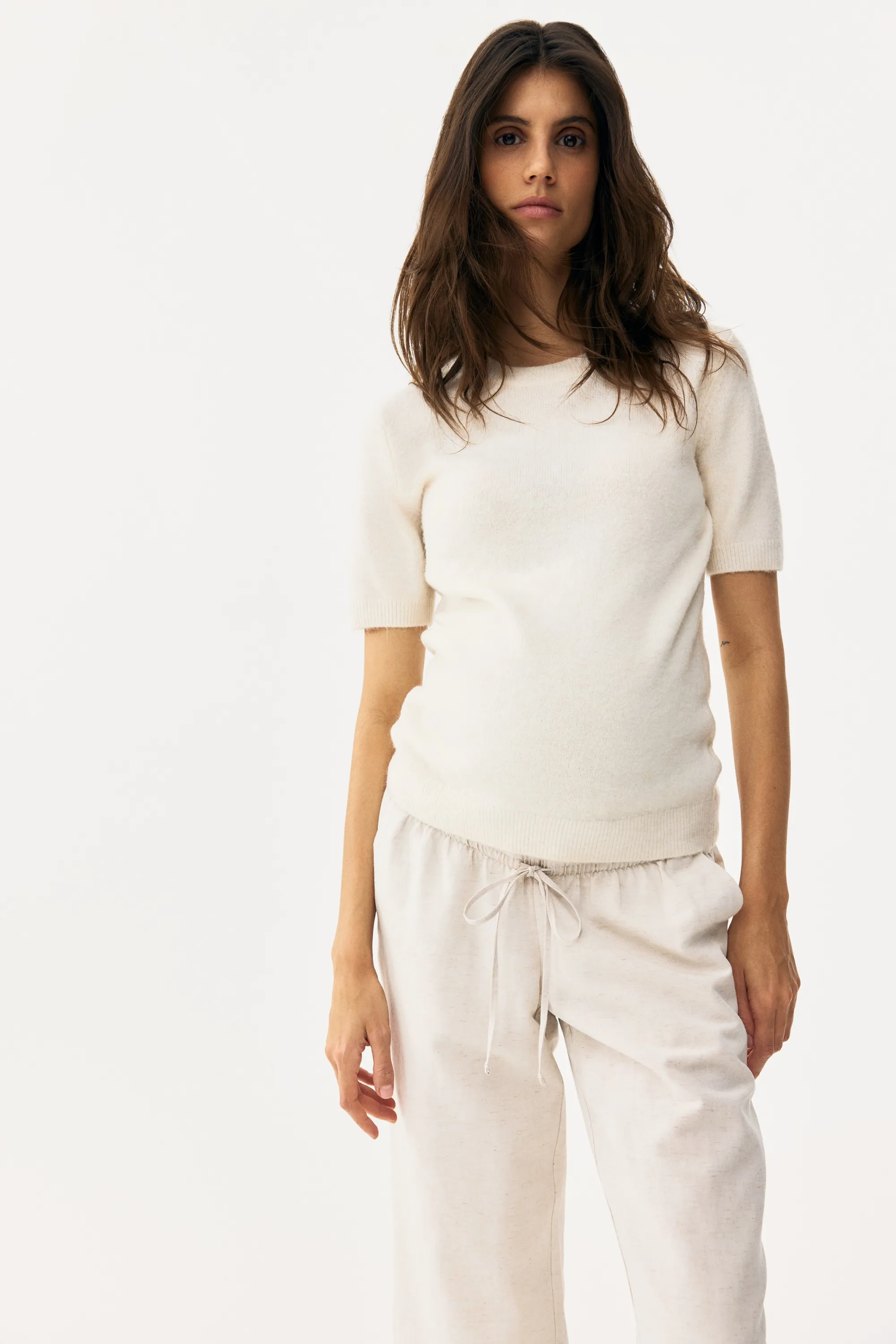 MAMA Pantalon à cordon en lin mélangé - Beige clair