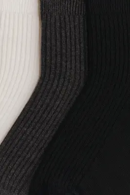 Lot de 3 paires de socquettes en maille côtelée - Gris foncé/crème/noir — photo 2