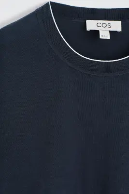 T-SHIRT EN SOIE ET COTON À BORDURE CONTRASTÉE - BLEU MARINE — photo 2