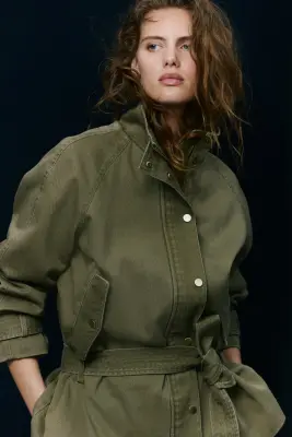 Veste en twill de coton avec ceinture - Vert kaki — photo 2