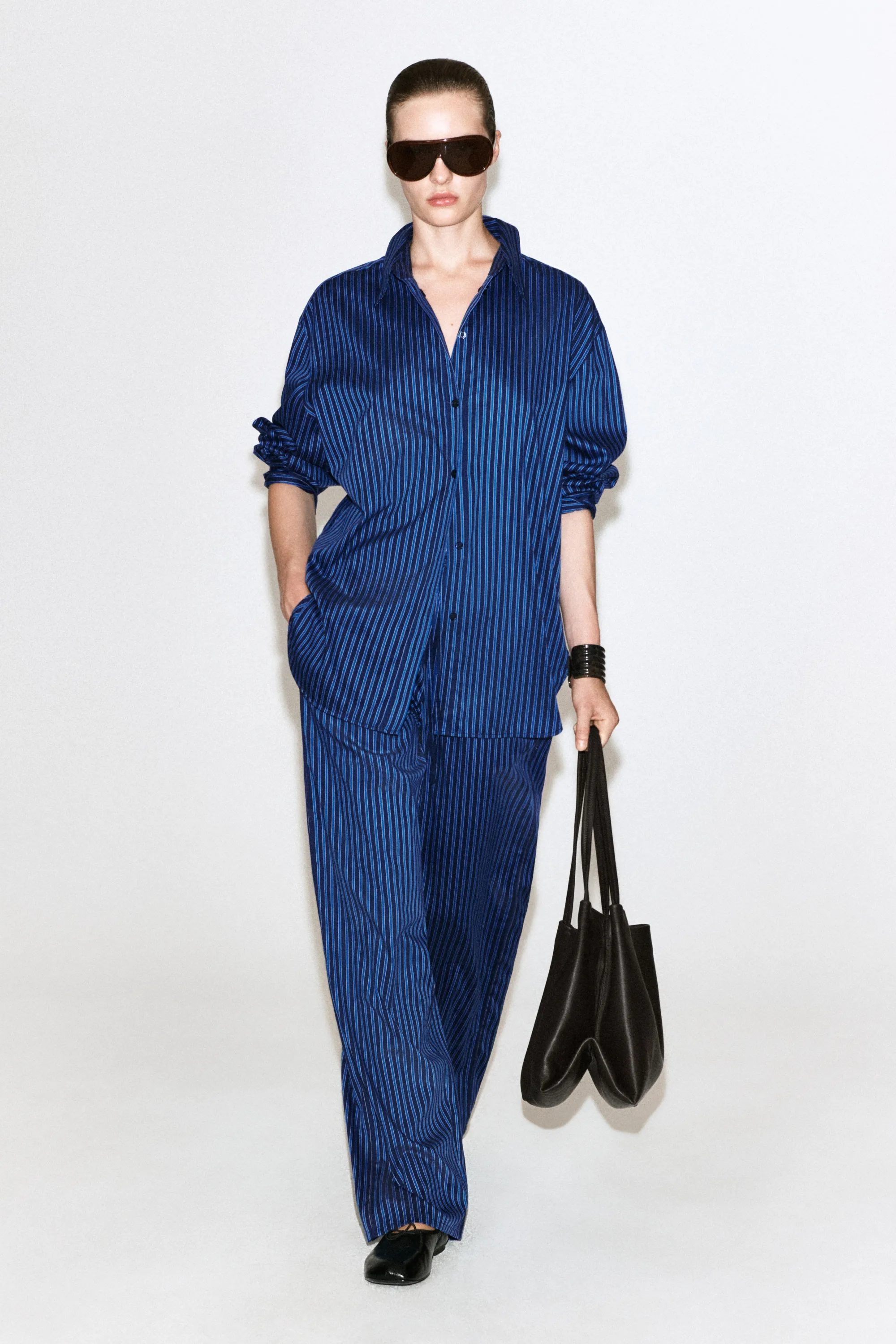 CHEMISE EN COTON AUX POIGNETS REPLIÉS - BLEU / RAYÉ