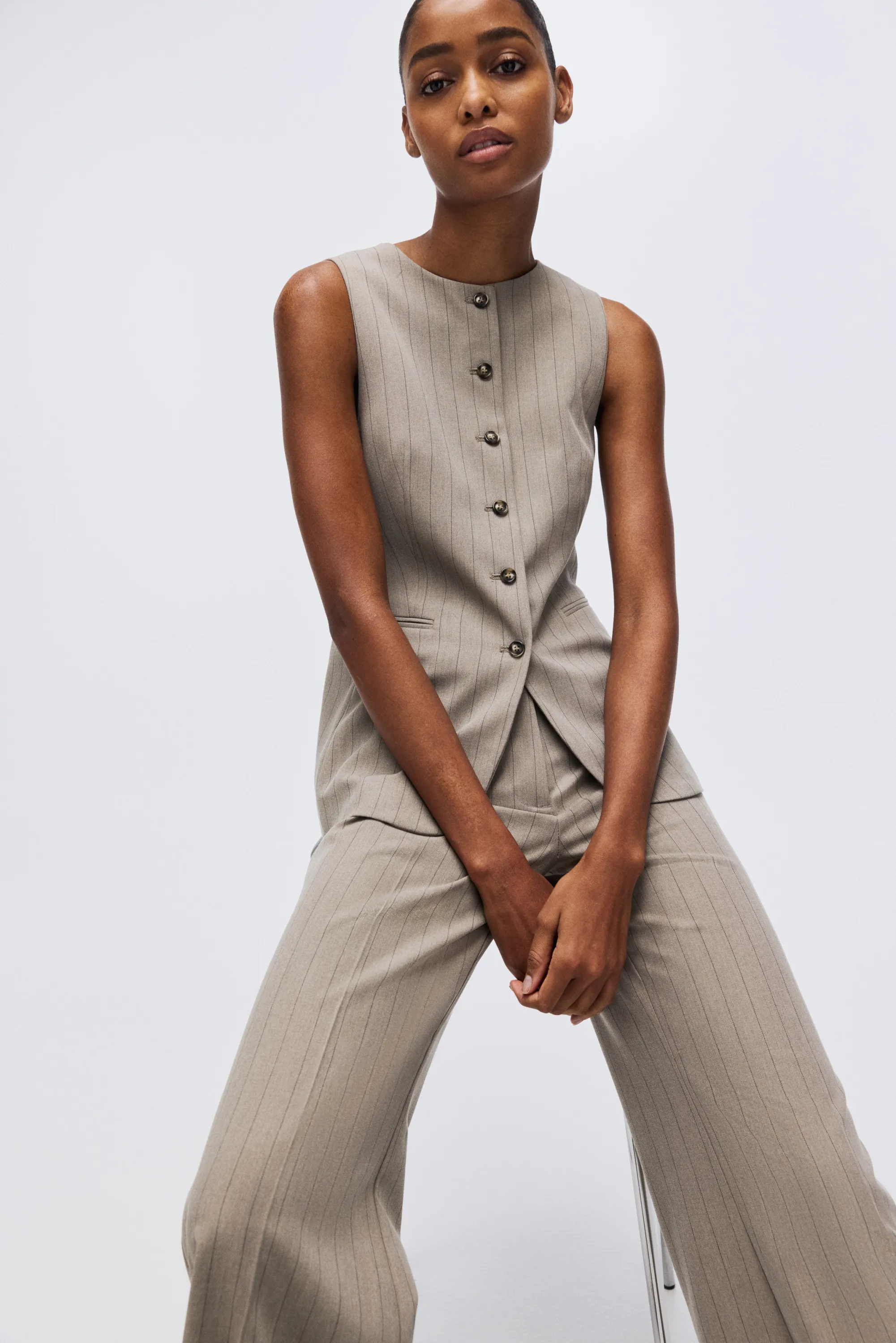 Long gilet sans manches - Grège/rayures tennis