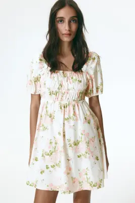 Robe en popeline avec manches bouffantes - Crème/rose/fleuri — photo 1