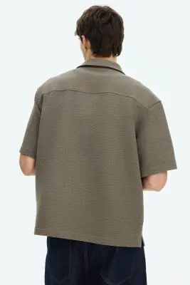 Chemise gaufrée Relaxed Fit avec col cubain - Vert kaki — photo 3