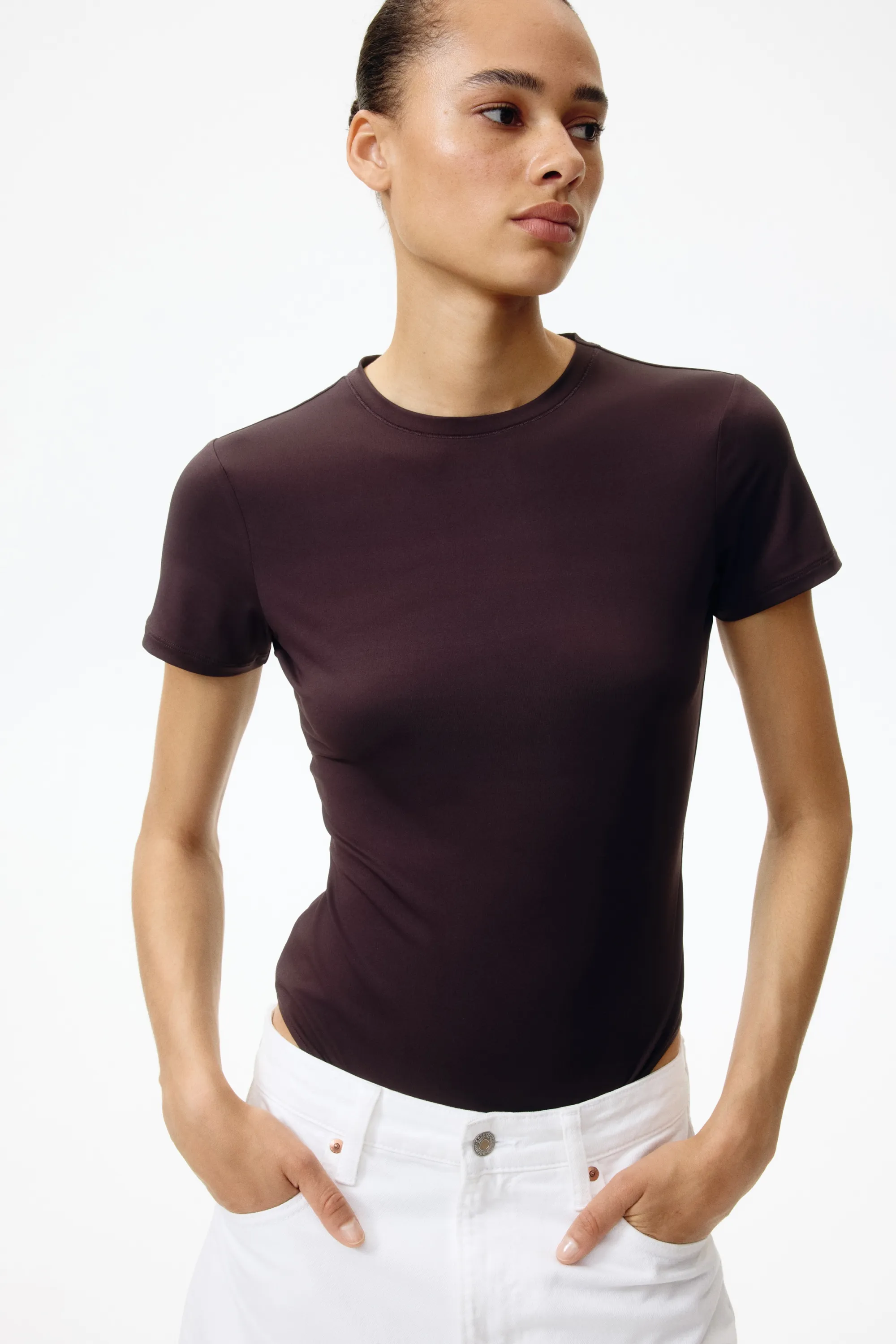 Body à manches courtes en microfibre - Marron foncé
