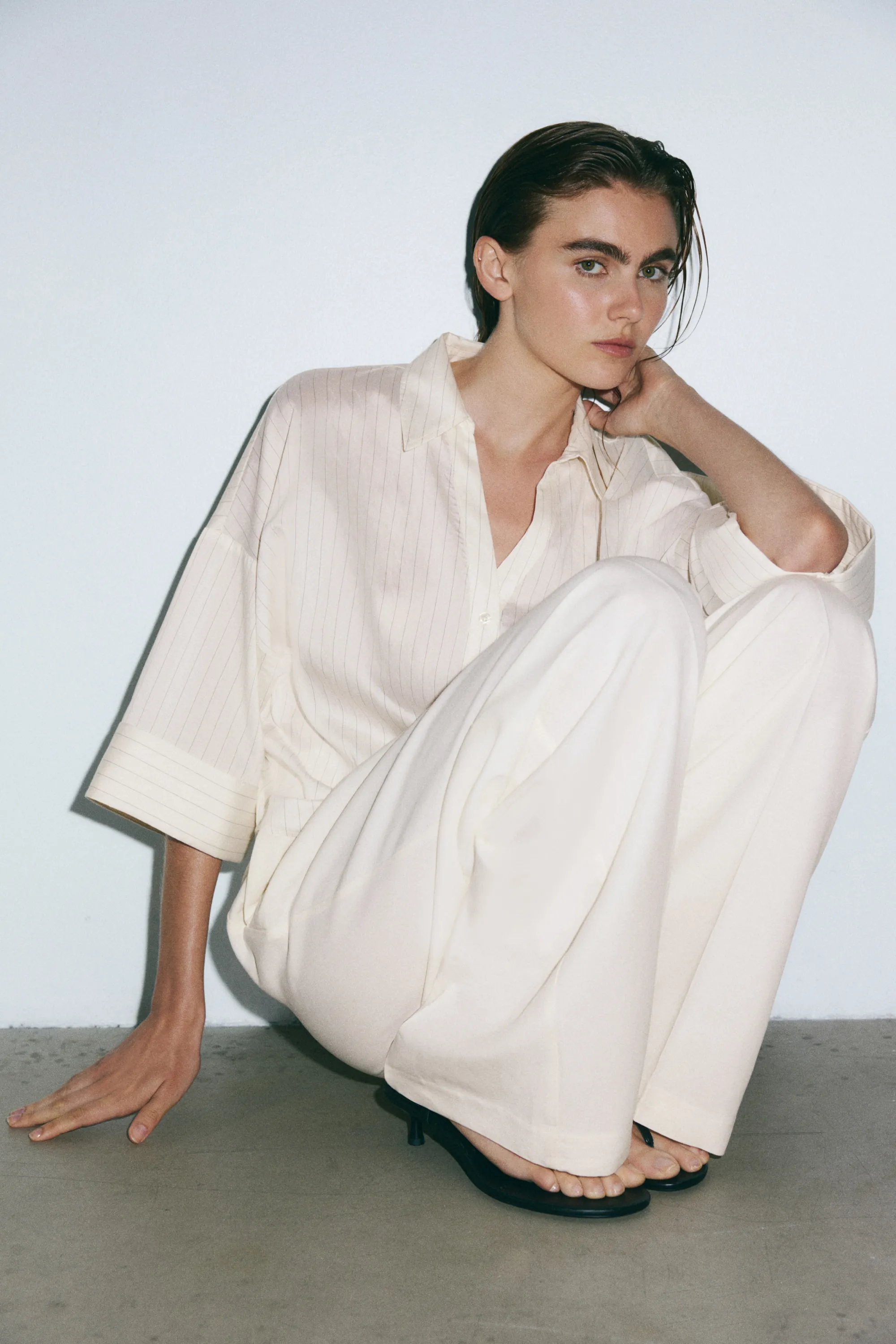 Chemise oversize en viscose mélangée - Crème/rayures tennis