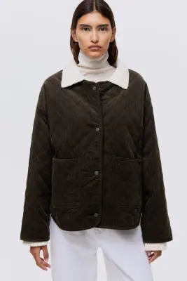 Veste oversize matelassée en velours côtelé - Vert kaki foncé — photo 2
