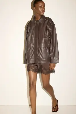 Veste de style motard en tissu enduit - Marron foncé — photo 1