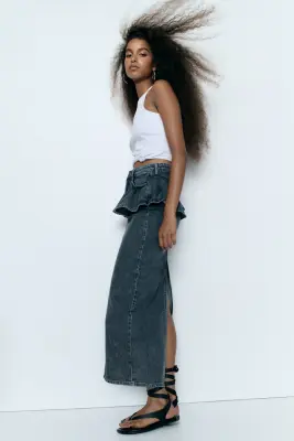 Jupe volantée en denim - Bleu denim foncé — photo 3