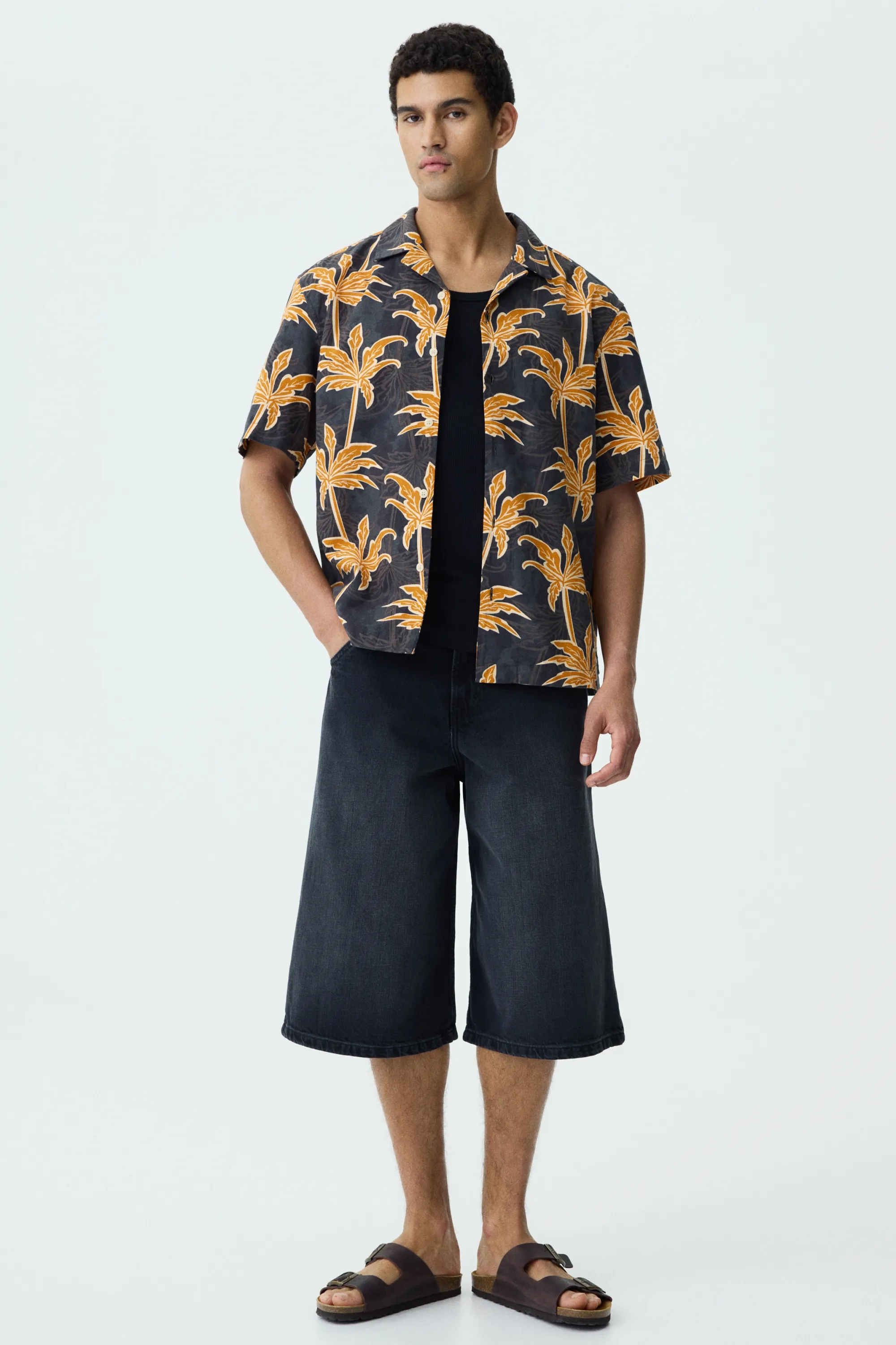 Chemise Relaxed Fit en coton avec col cubain - Noir/palmiers