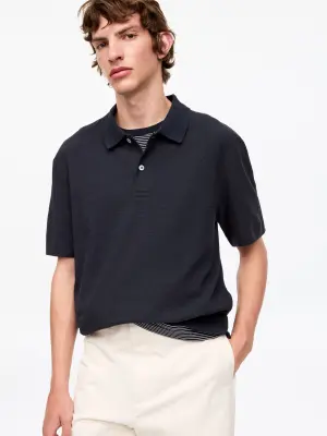 Polo en lin et coton - Bleu foncé — photo 2