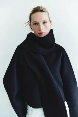 Veste en laine mélangée avec col écharpe - Bleu marine — photo 1