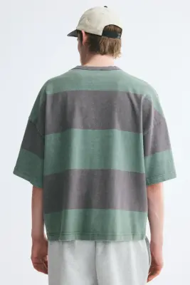 T-shirt boxy Oversized Fit en coton - Gris/rayé — photo 3