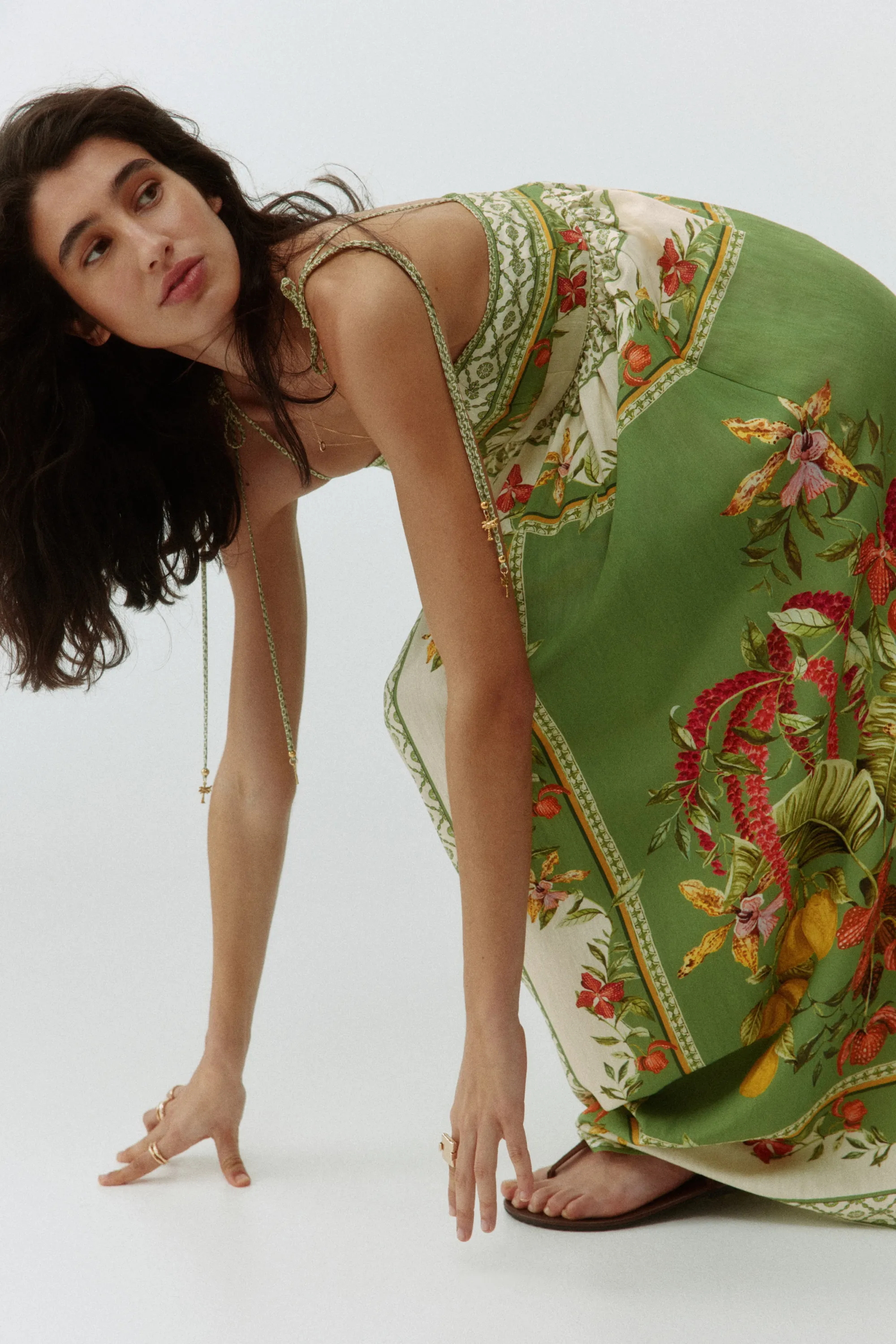 Robe avec bretelles à nouer - Vert/fleurs
