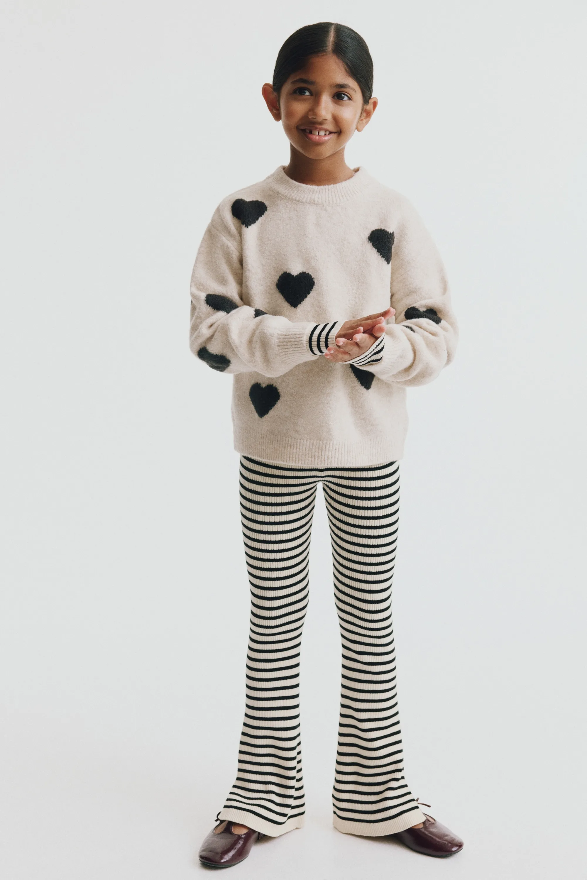 Legging évasé en maille côtelée - Crème/rayé