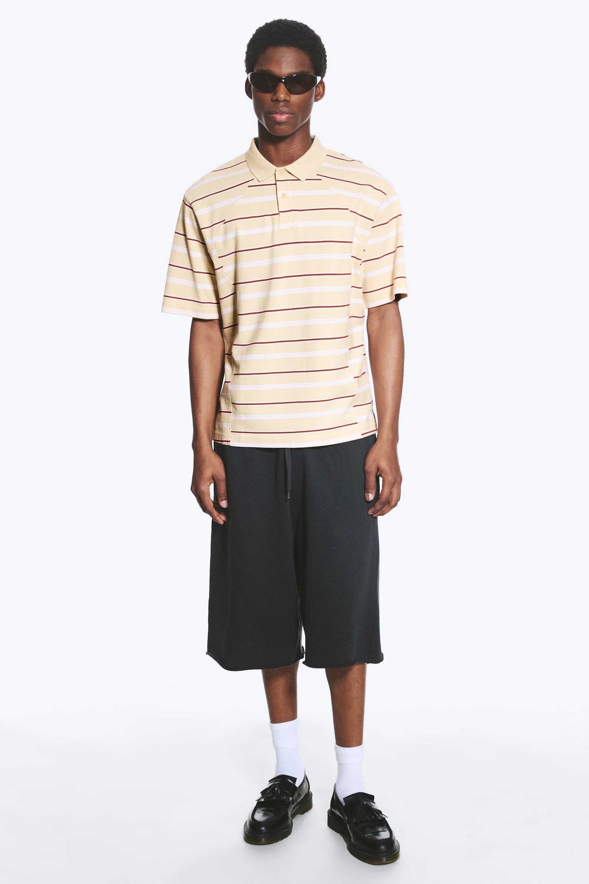 Polo ample et carré - Beige cendré clair rayé