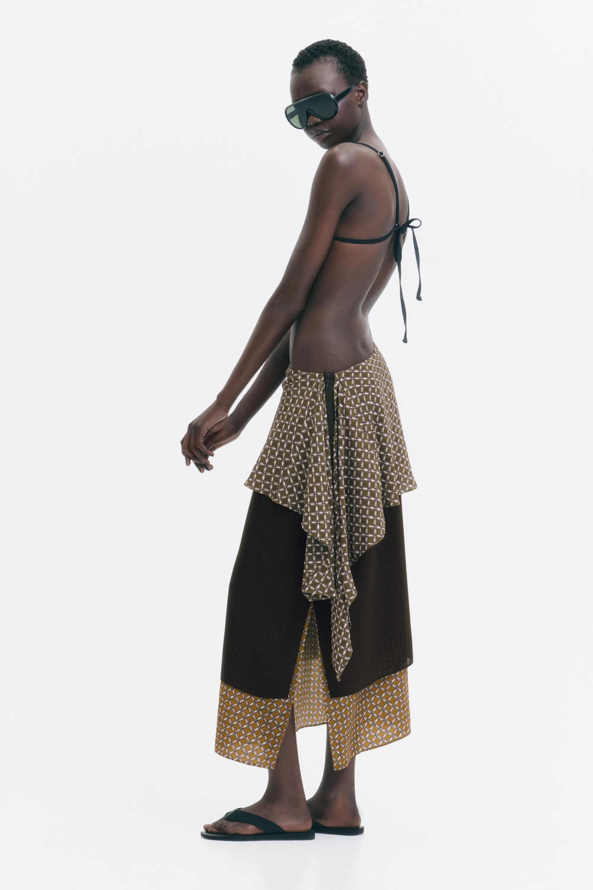 Jupe superposée avec foulard - Vert kaki foncé/motif
