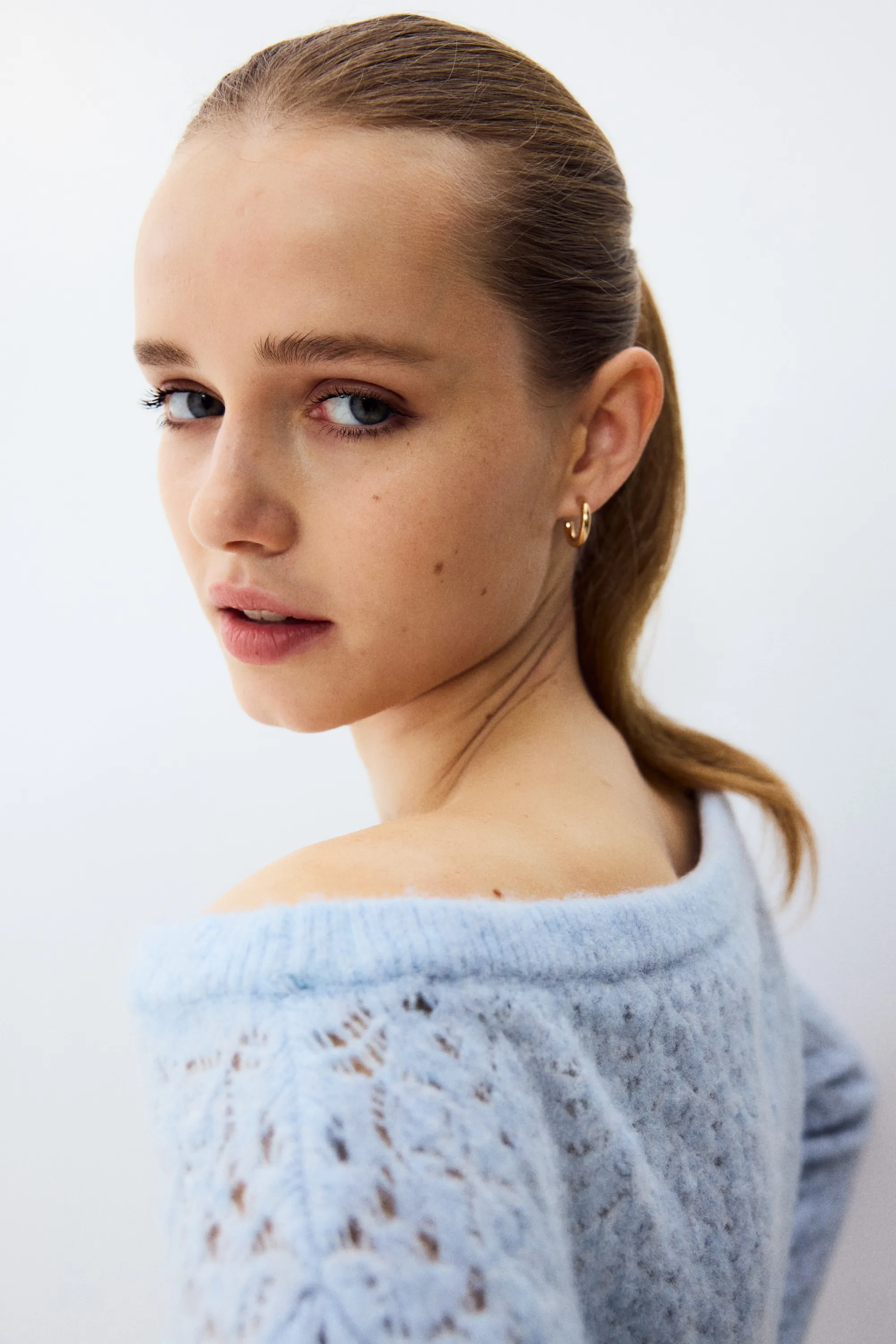 Pull épaules nues en maille pointelle - Bleu clair