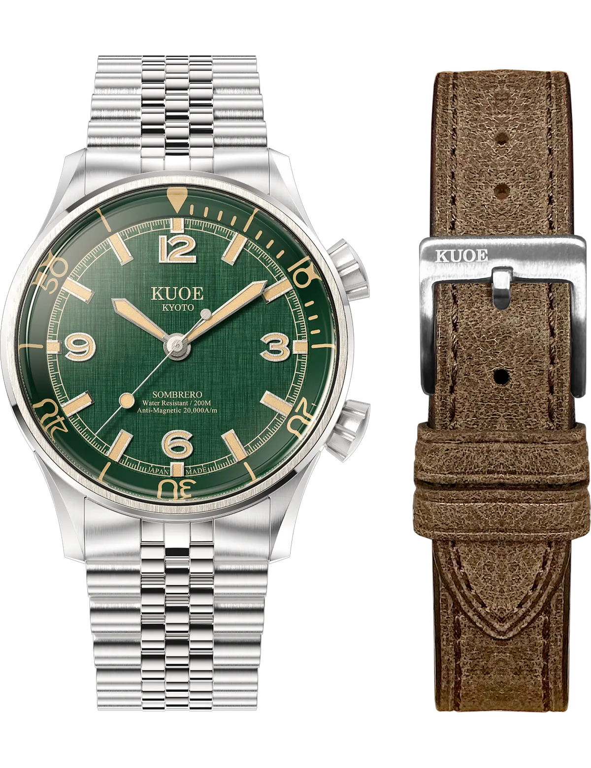 KUOE SOMBRERO 90-011 GREEN LINEN TEXTURED DIAL JUBILEE BRACELET