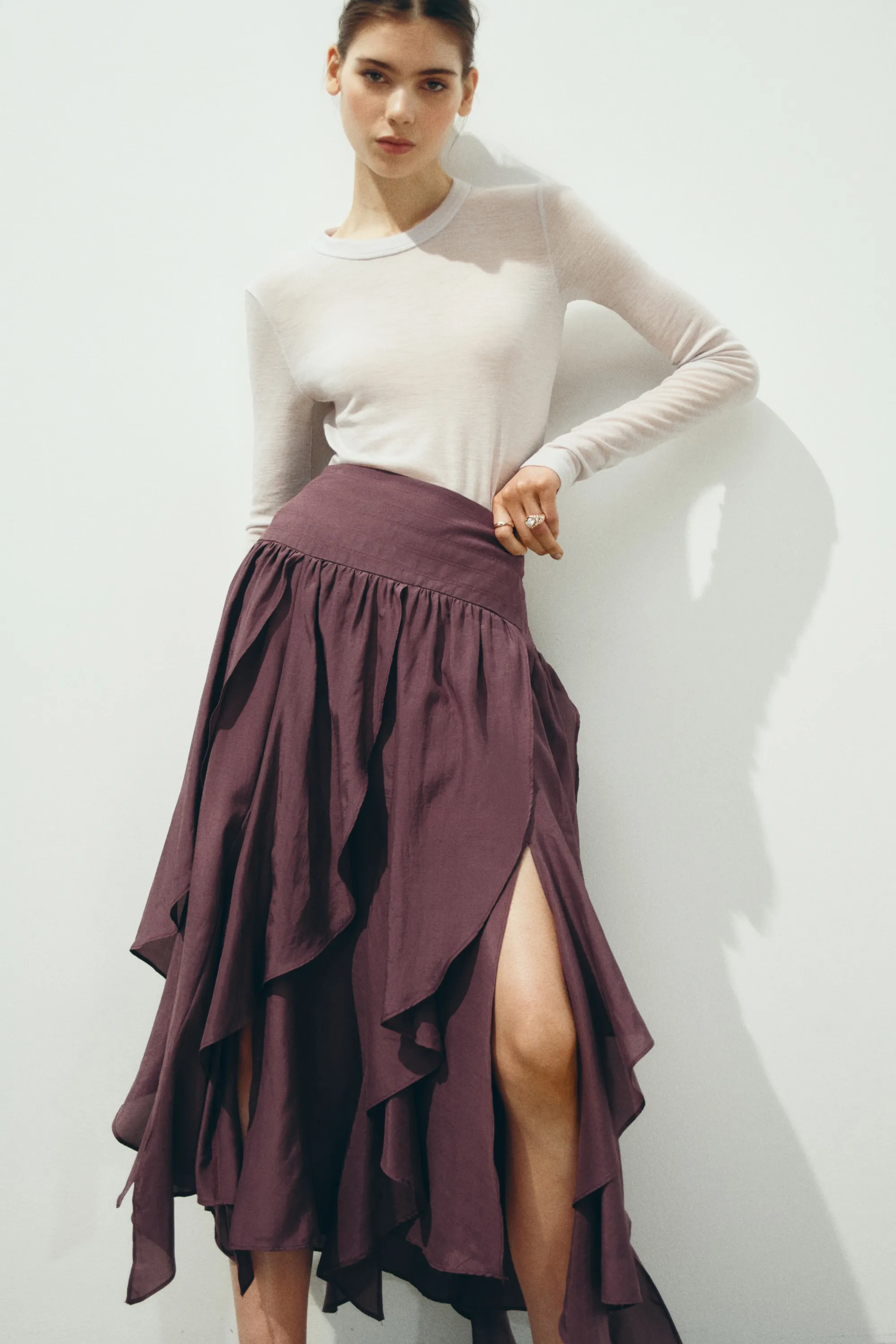 Jupe midi asymétrique - Rouge prune
