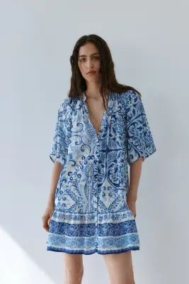 Robe chemise avec ceinture à nouer - Bleu/motif cachemire — photo 1