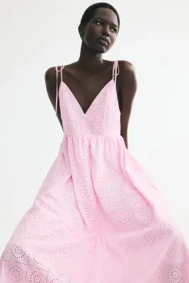 Robe en broderie anglaise avec bretelles à nouer - Rose clair — photo 1