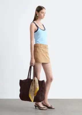 Mini-jupe ceinturée en sergé de coton - Beige — photo 3