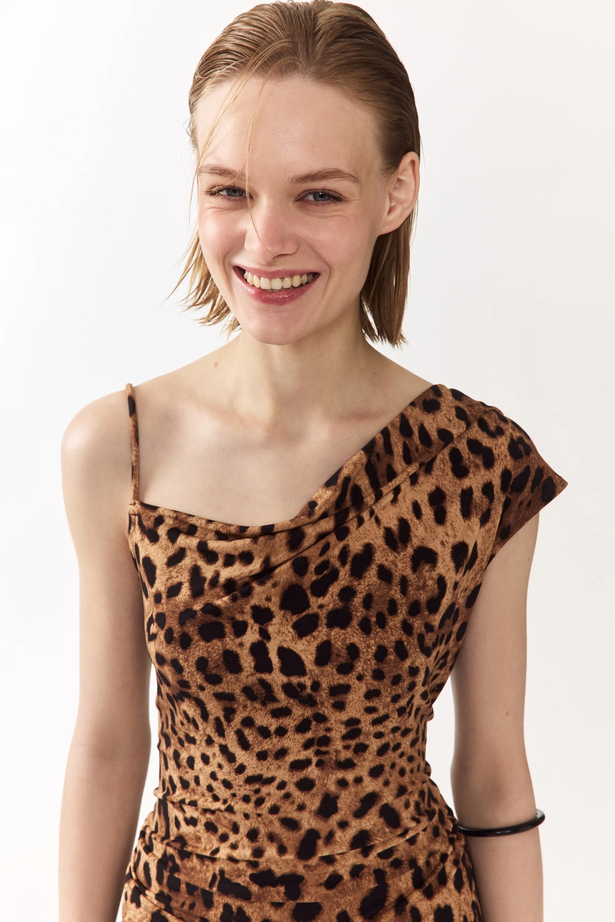 Robe asymétrique en jersey - Beige foncé/imprimé léopard