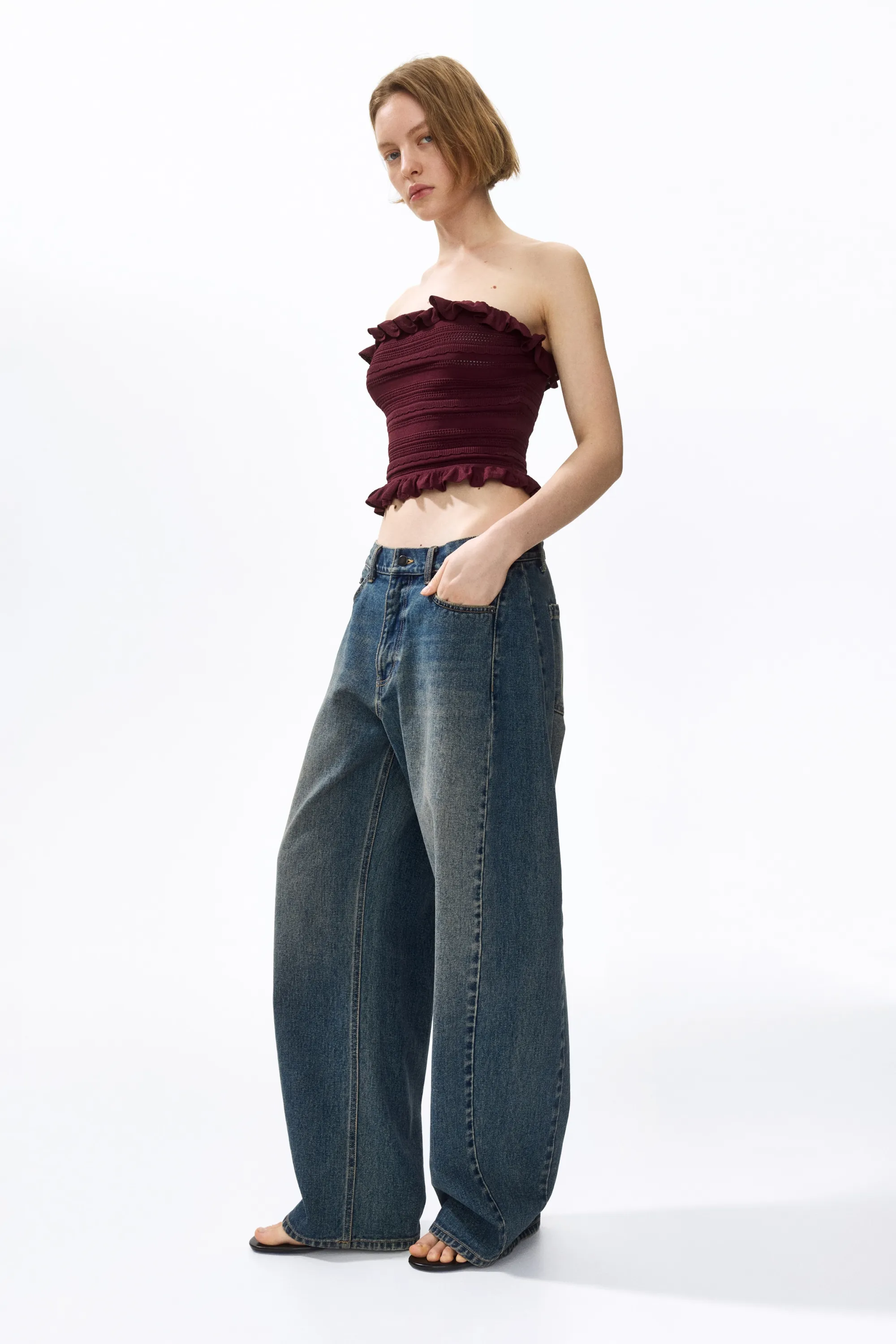 Top bandeau en maille pointelle - Bordeaux