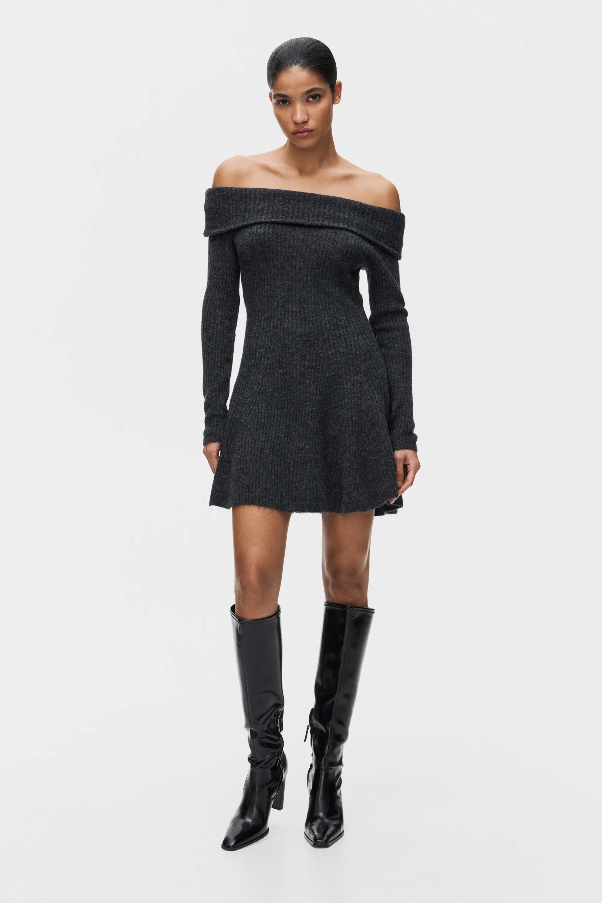 Robe épaules nues en maille côtelée - Gris foncé chiné