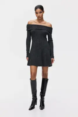 Robe épaules nues en maille côtelée - Gris foncé chiné — photo 1