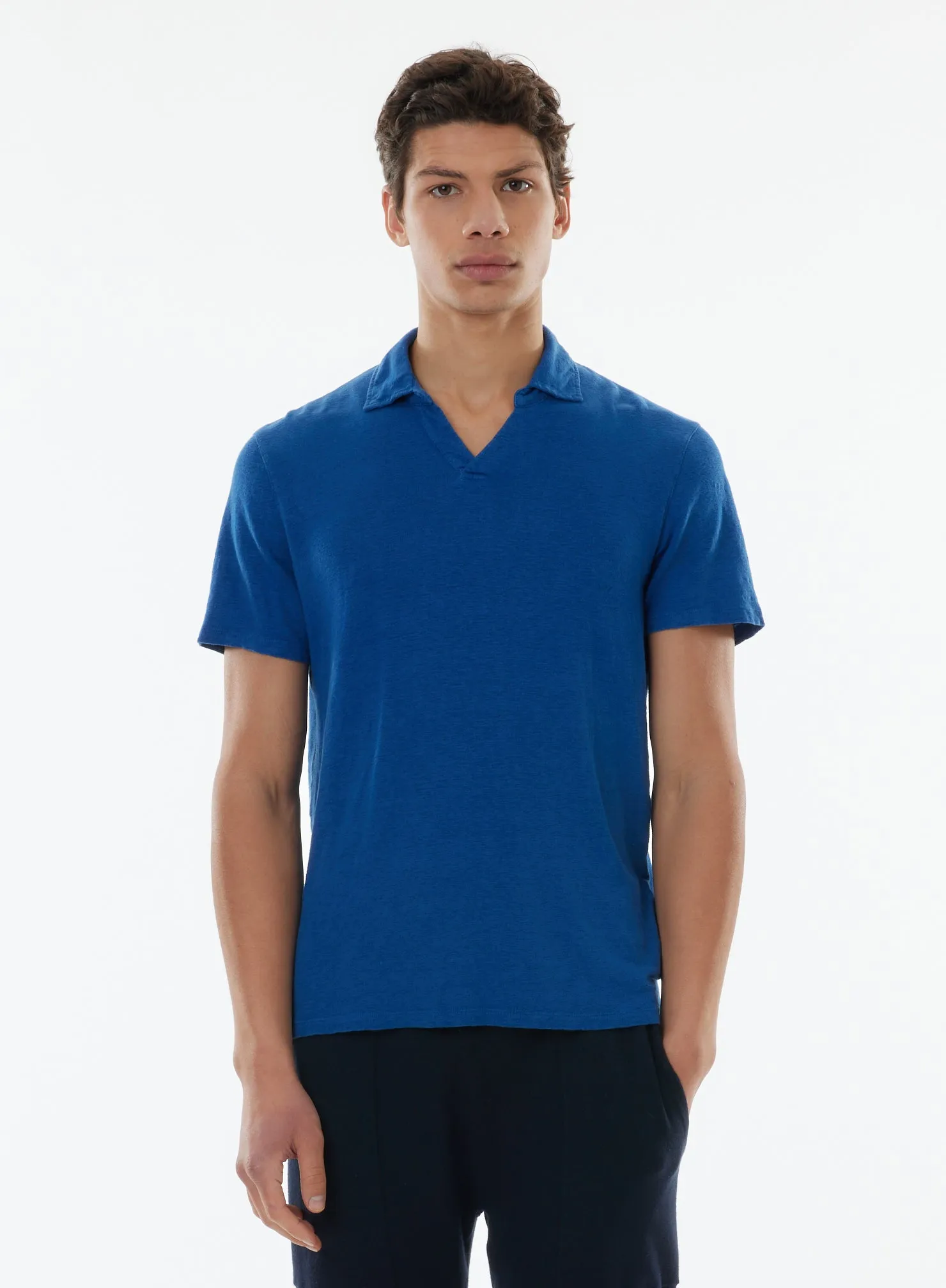 Tee shirt Bleu Manches Courtes Col Polo en Lin / Elasthanne