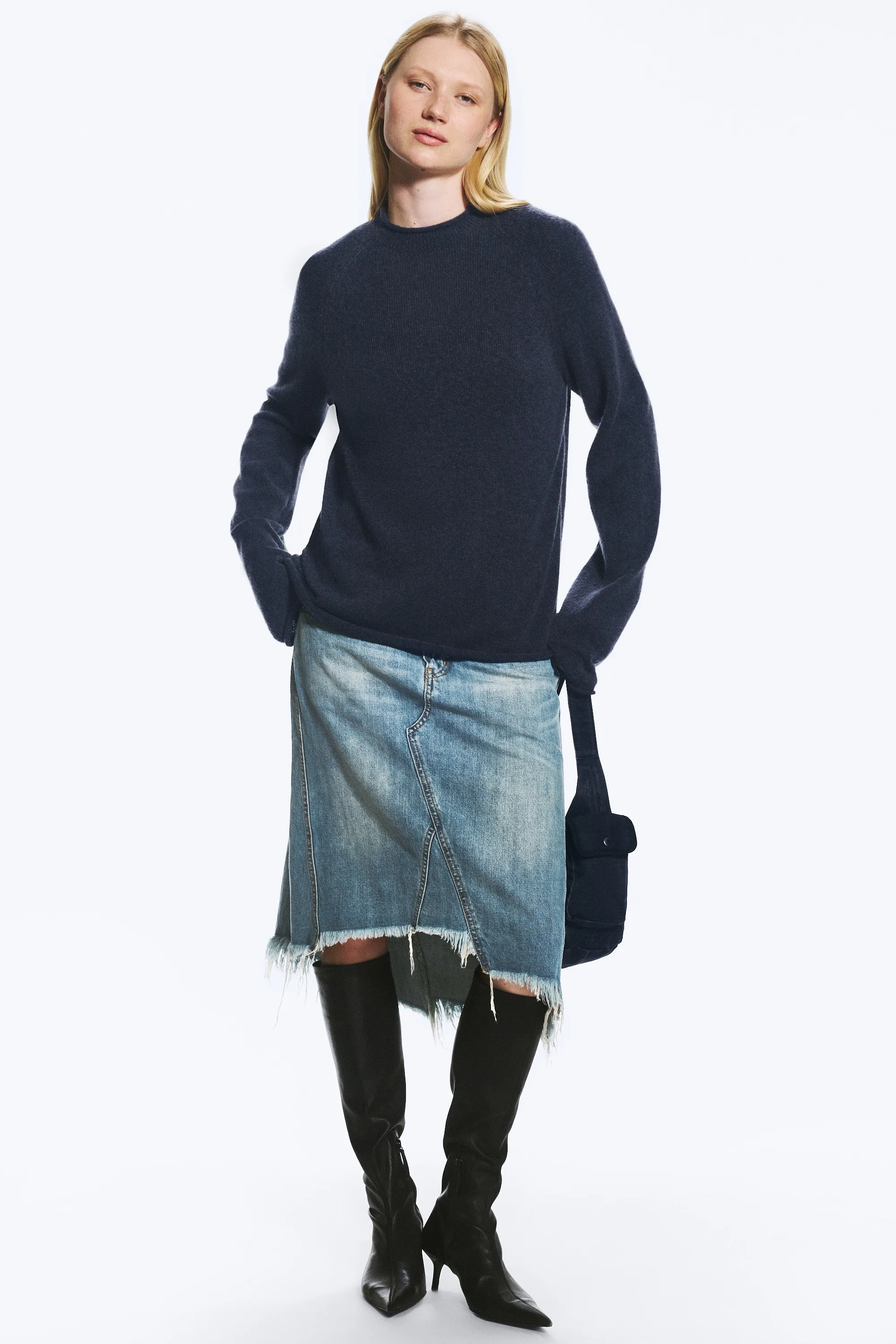 Pull ample en laine mélangée - Bleu foncé