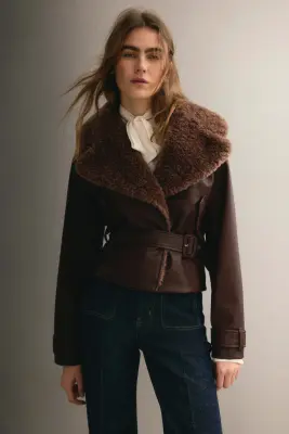 Veste de style motard avec col en tissu Teddy bear - Marron foncé — photo 2