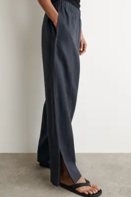 PANTALON BARREL EN LIN À TAILLE ÉLASTIQUÉE - BLEU MARINE — photo 4