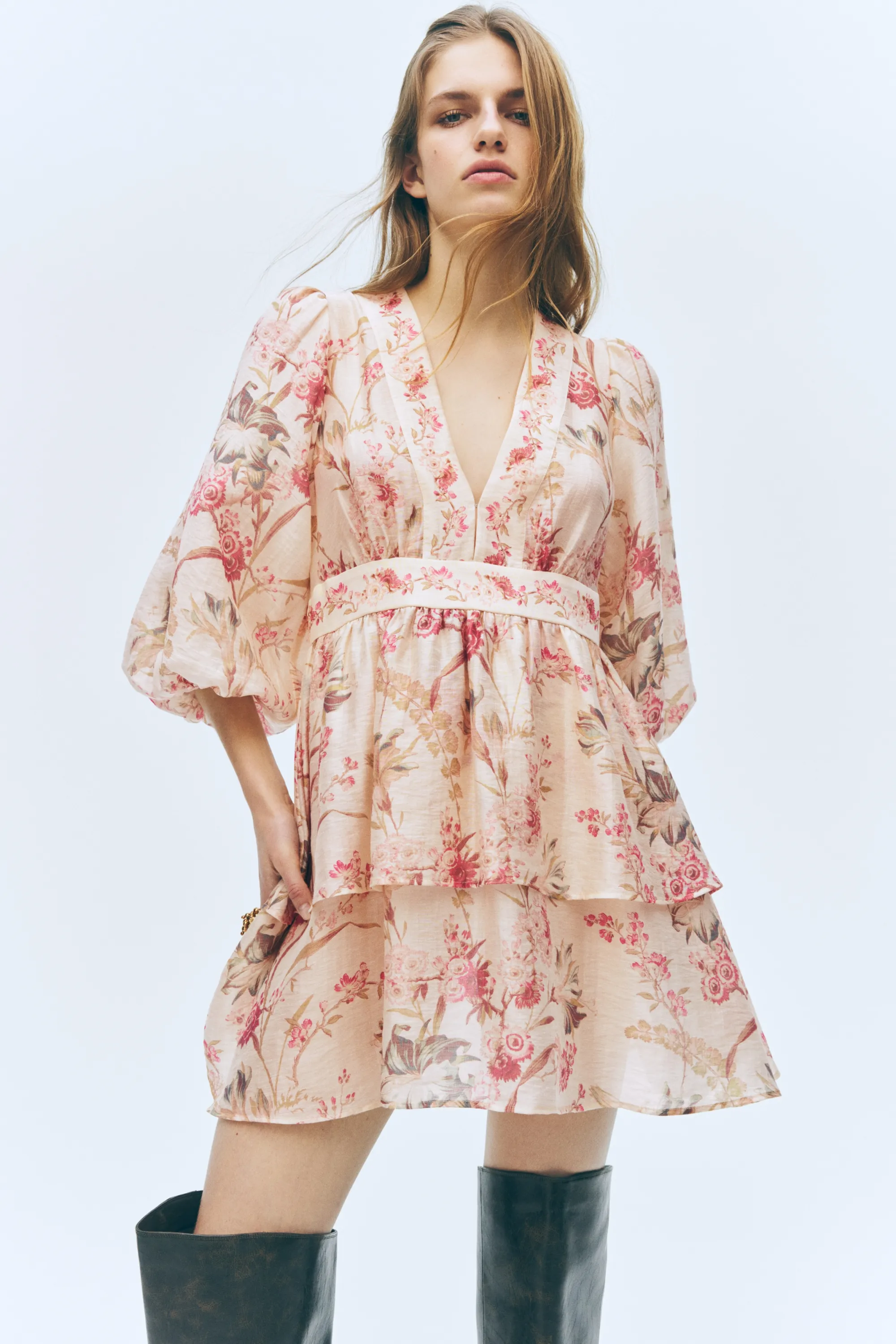 Robe en lin mélangé - Beige clair/fleuri