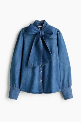 Blouse en denim avec écharpe - Bleu denim — photo 5