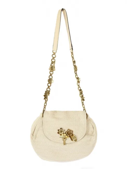 Sac du soir en coton beige à fleurs dorées Prix boutique 950€