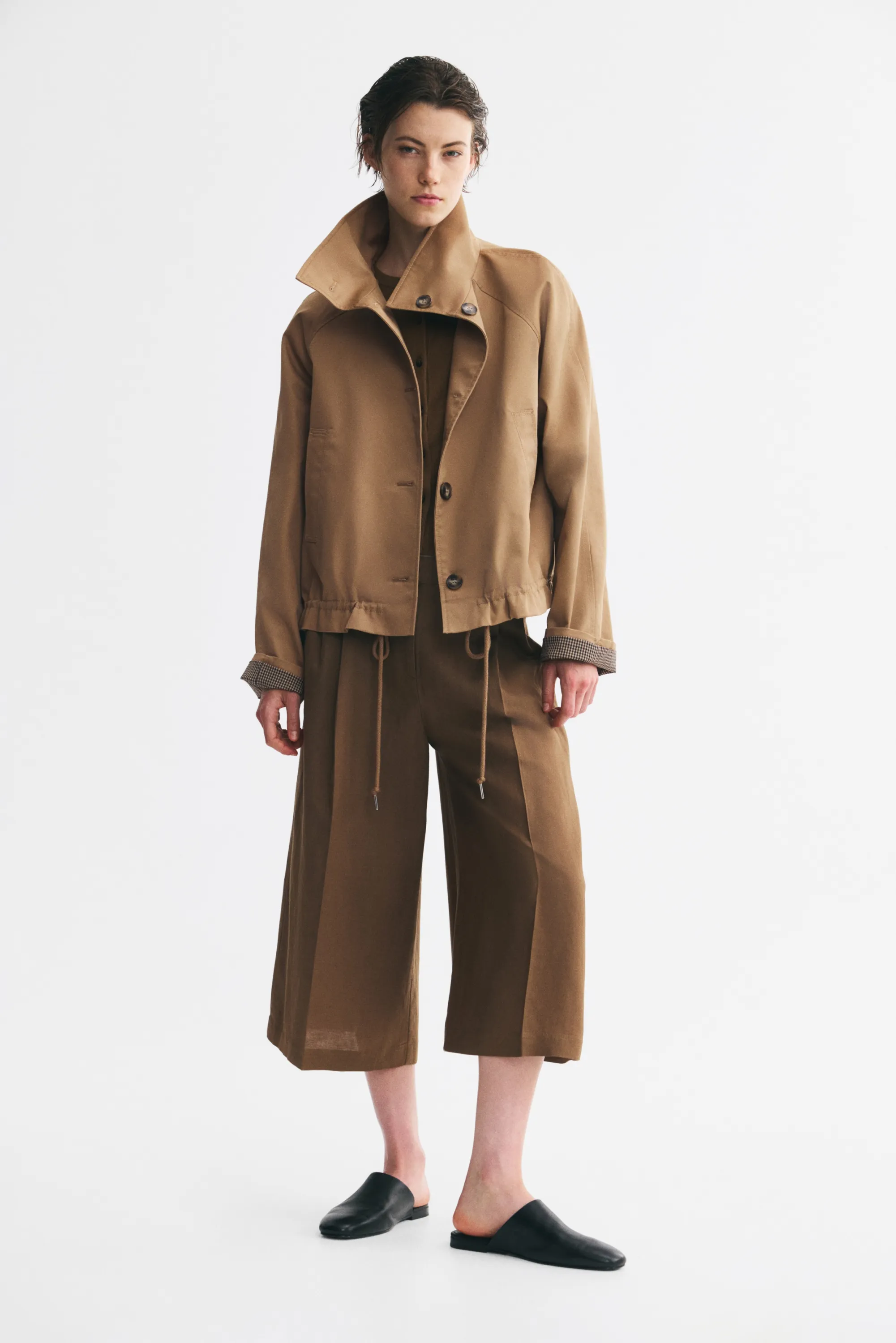 Veste en twill avec col entonnoir - Beige foncé