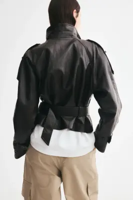 Veste de style motard en tissu enduit - Marron foncé — photo 4